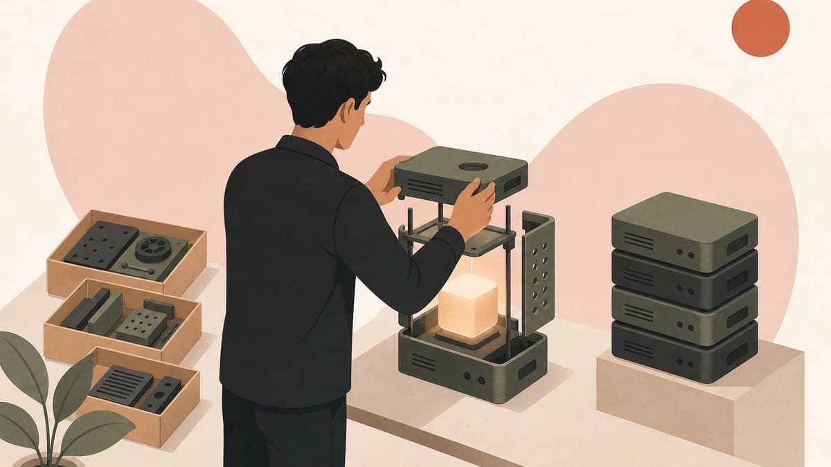 A founder assembling a machine from modular parts around a glowing core, next to a stack of finished units