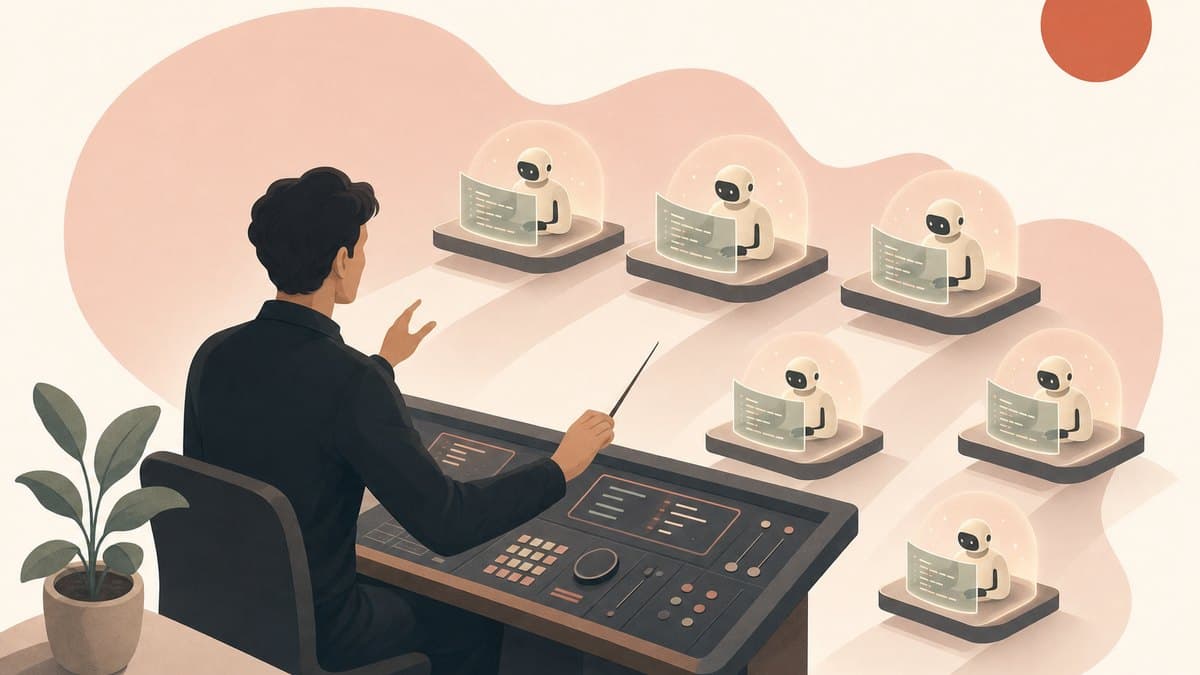 A single builder at a console directing a fleet of AI coding agents working in parallel, each on its own isolated copy of the code