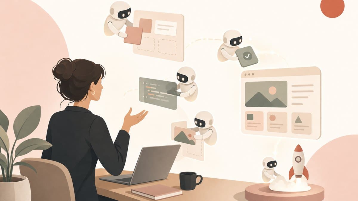 A single non-technical founder at a laptop describing an idea while AI agents build and deploy a full app around them