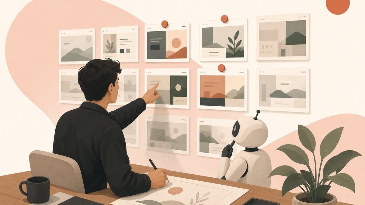 A designer directing a coding agent through many one-shot website iterations, pinning the few worth keeping while hand-drawing the one piece of art left entirely to human craft
