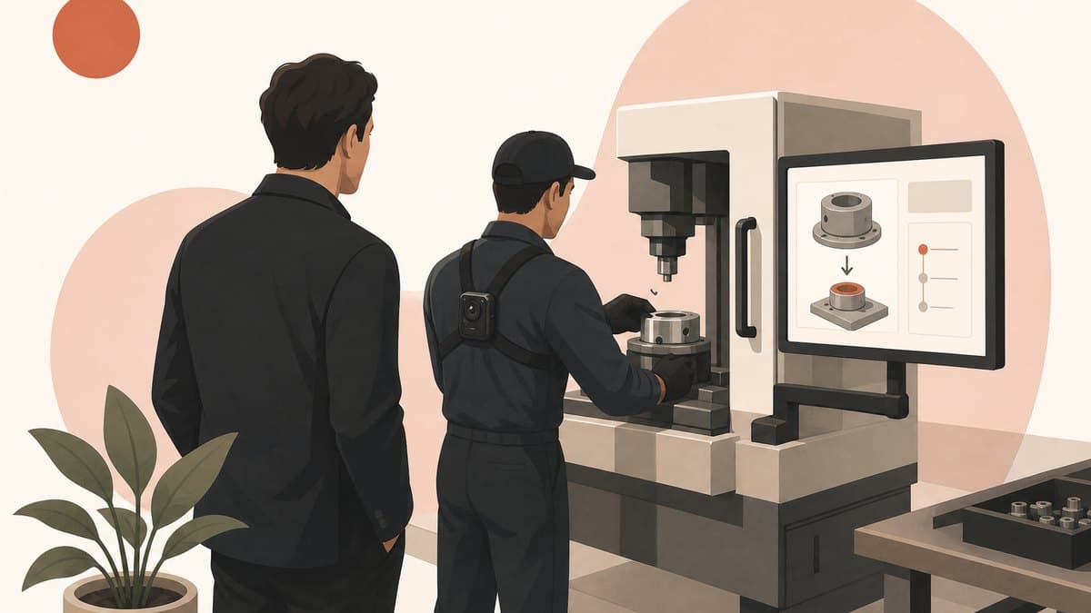 A founder on a factory floor beside a machine operator wearing a small chest camera, a screen showing the next step the AI is guiding them through