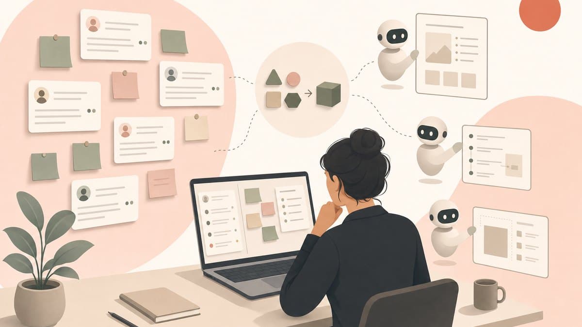 A single product manager at a laptop reviewing clustered customer feedback while AI agents draft specs around them