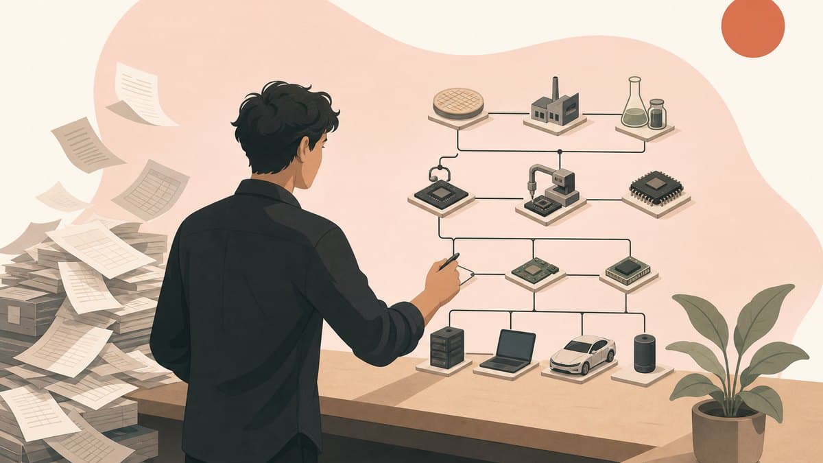 A single founder tracing a live multi-tier chip supply chain map on a workbench while spreadsheets and paper purchase orders fall away behind them