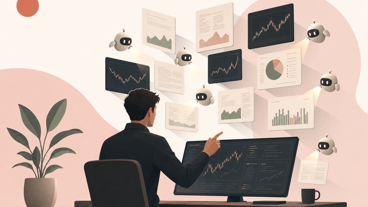 A single founder at a terminal directing a swarm of AI agents that read filings and place trades across many markets