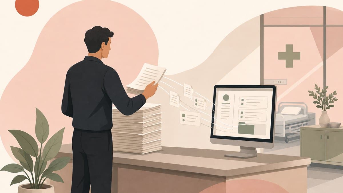 A founder at a hospital administrative desk turning a stack of paper documents into structured digital records on a screen