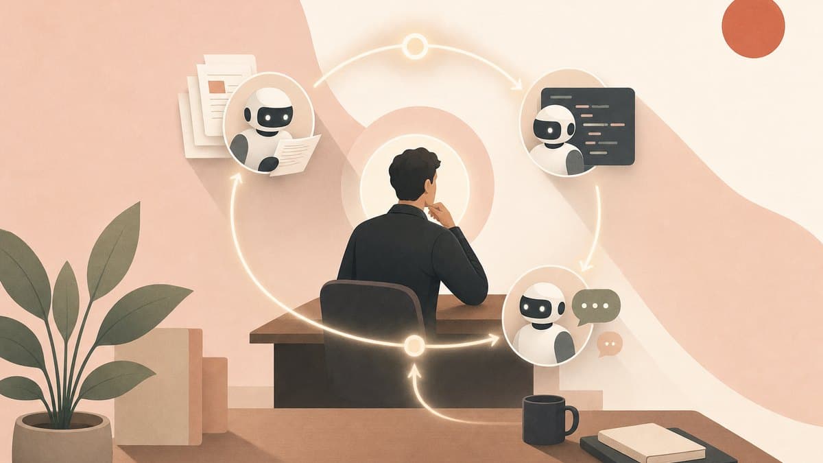 A single founder orchestrating an AI-native company drawn as a closed feedback loop