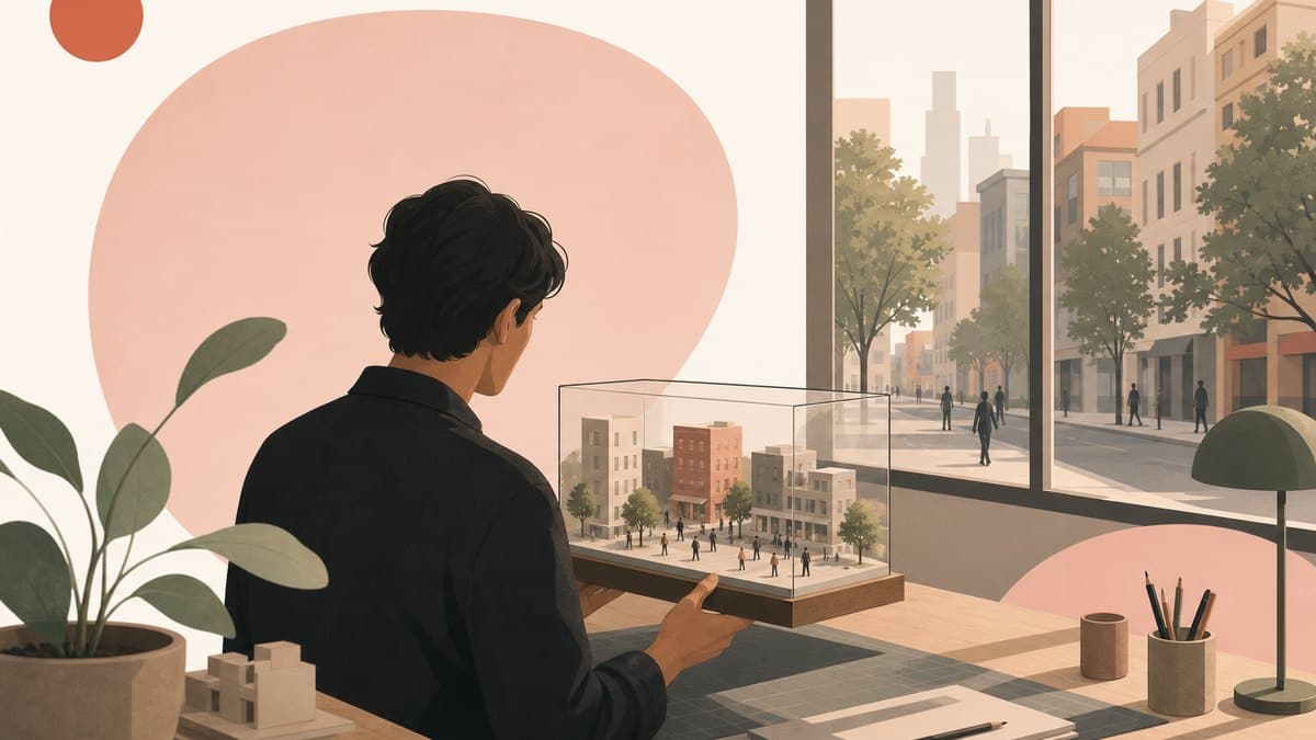 A founder at a workbench holding a small glass model of a city block, watching tiny figures move inside it while the real street runs on beyond the window