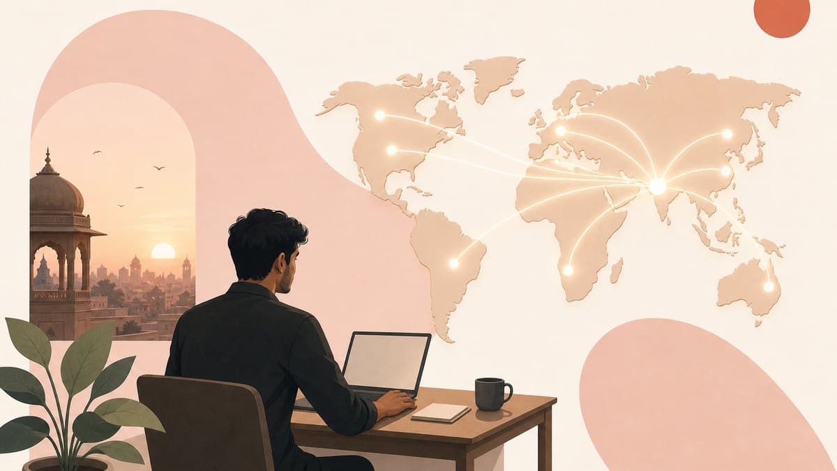 A founder working at a desk in an Indian city at dawn, with a world map behind them lit by lines running out to every continent