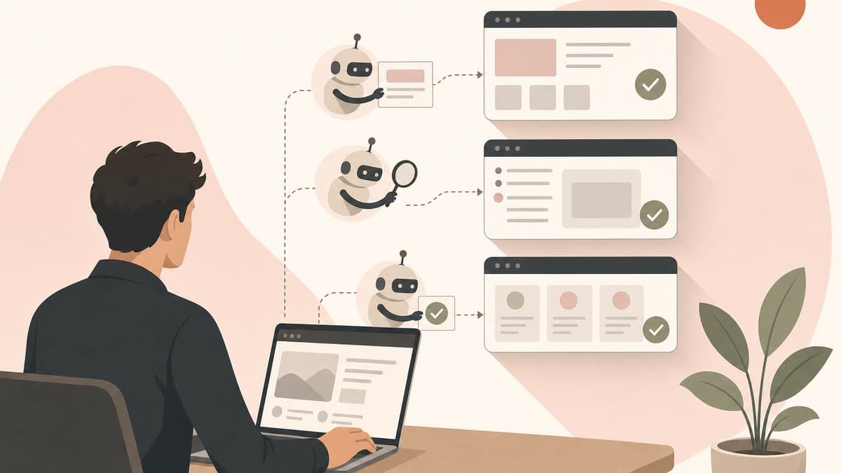 A single founder at a laptop watching AI agents run automated tests across a web app before shipping