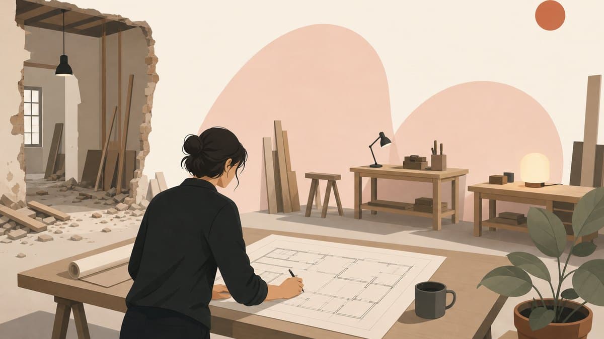 A founder in a half-dismantled workshop redrawing the floor plan on a large sheet while the remaining lit workbenches wait along the far wall
