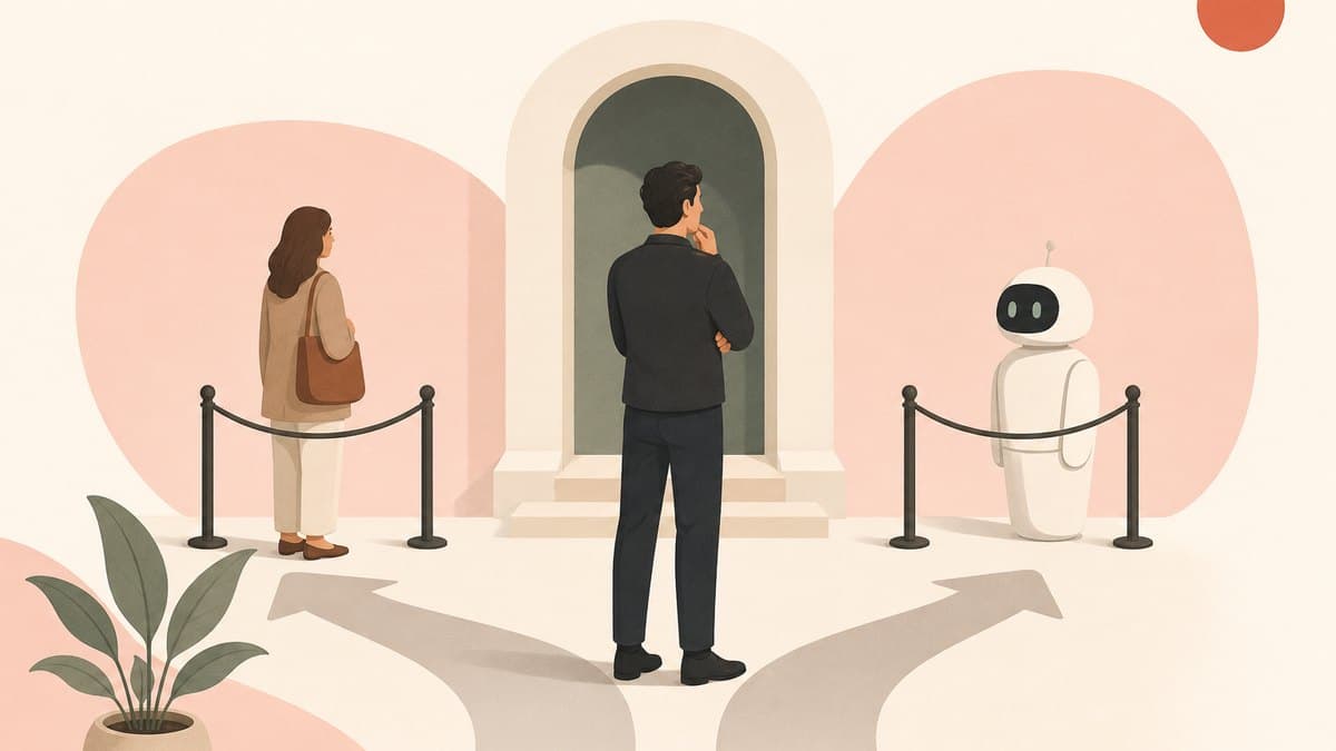 A founder at the front door of their product checking two arrivals side by side, a human customer and a software agent, and sorting each into its own lane