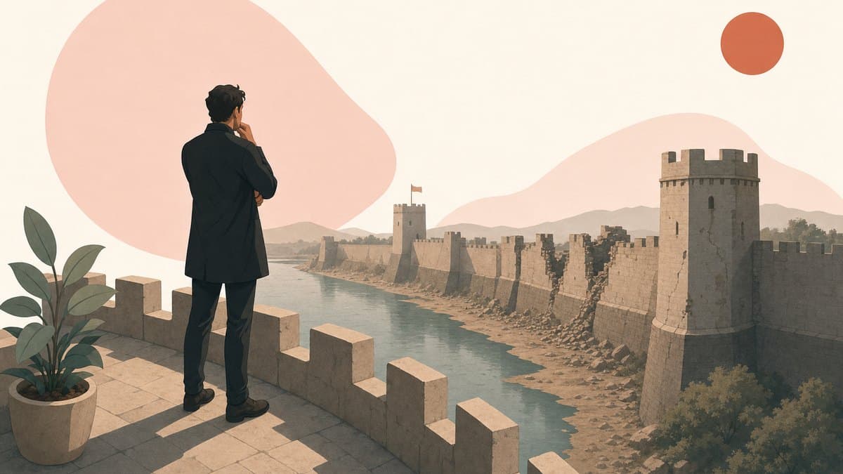 A founder on the ramparts of a fortress overlooking a moat, deciding which defenses still hold as the water drops