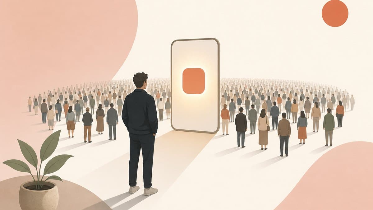 A founder standing in front of a single glowing app icon on a phone-shaped frame, with a crowd of ordinary people stretching out behind it