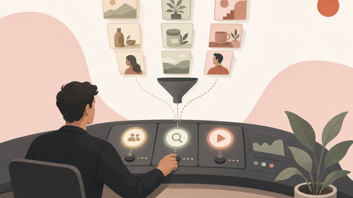 A founder at a single dashboard weighing paid channels while stacks of ad creative variations feed into one funnel