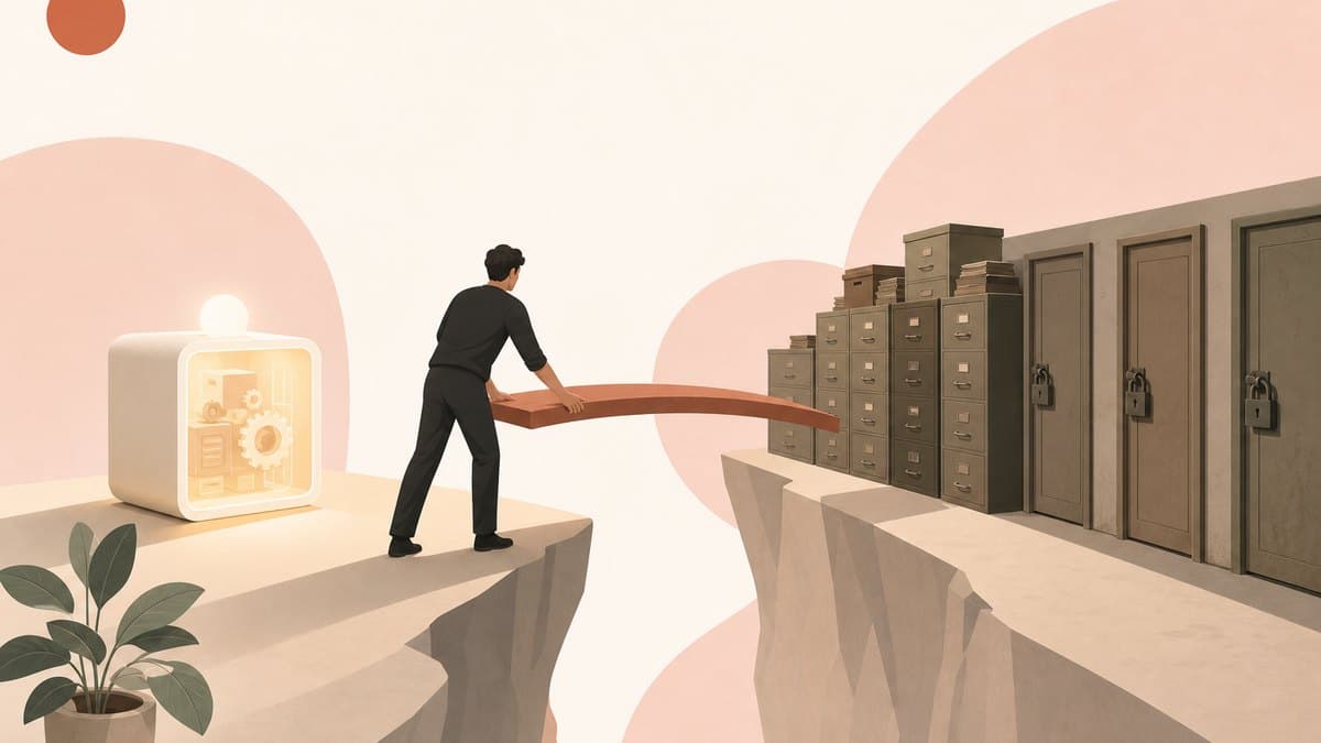 A founder laying a bridge span across a gap between a small glowing machine and a wall of old filing cabinets behind locked doors