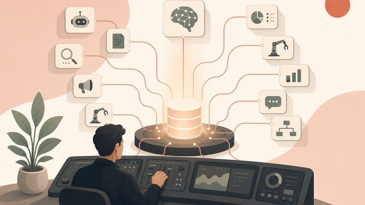 A single founder wiring AI agents into one shared company brain and tool registry