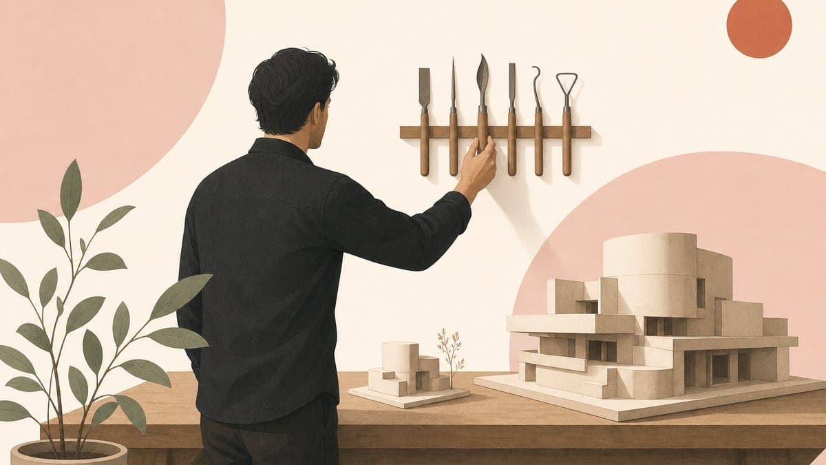 A founder at a workbench choosing one tool from an ordered rack of six, with a small architectural model on the bench beside a much larger one