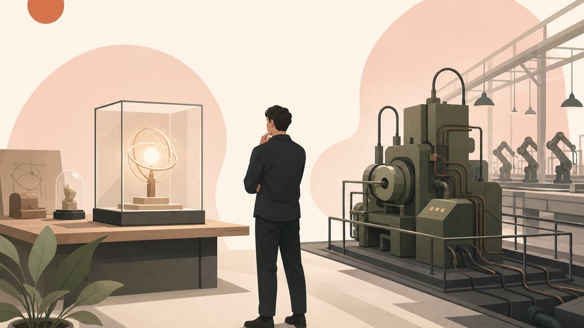 A founder at a workbench choosing between a glass case holding a glowing research artifact and a working machine wired into a factory floor