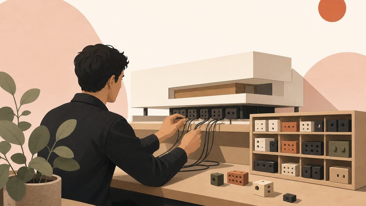 A founder at a workbench choosing between one large model and a rack of small interchangeable models, wiring the small ones underneath the large one
