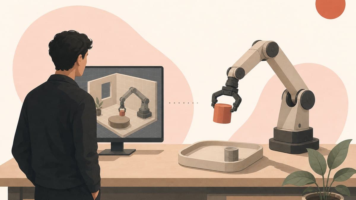 A founder at a workbench watching a simulated room on a monitor resolve into a real robotic arm picking up an object