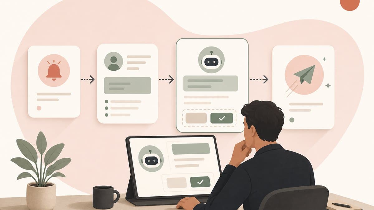 A single founder reviewing a proactive AI agent's suggested action before approving it, with a clear activity trail around them