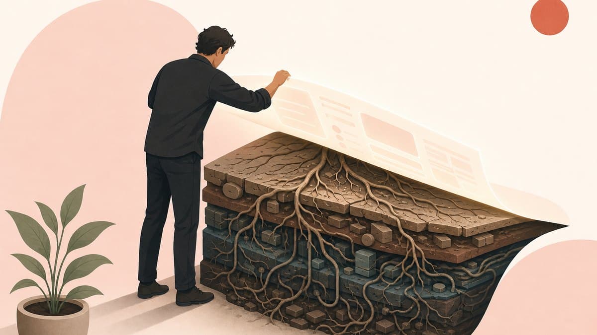A founder lifting away a thin software interface to reveal the deeply rooted layers of data, business logic and exceptions that make a product sticky