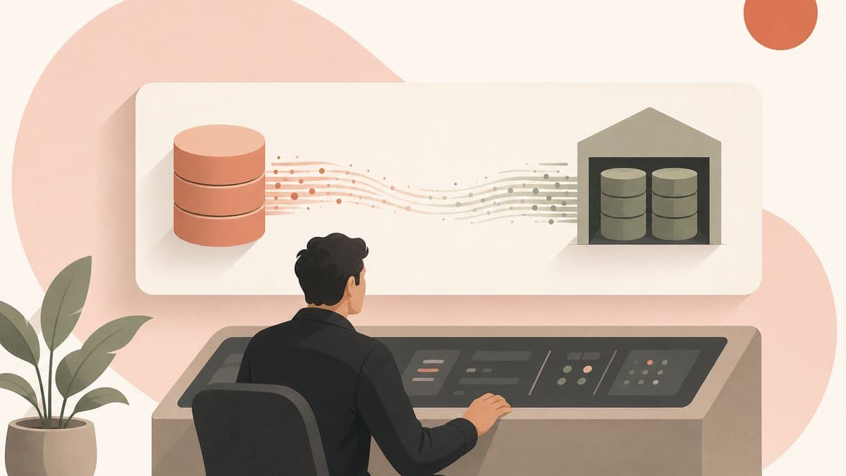 A founder at a console watching a single continuous stream of data move from a production database into a warehouse in real time