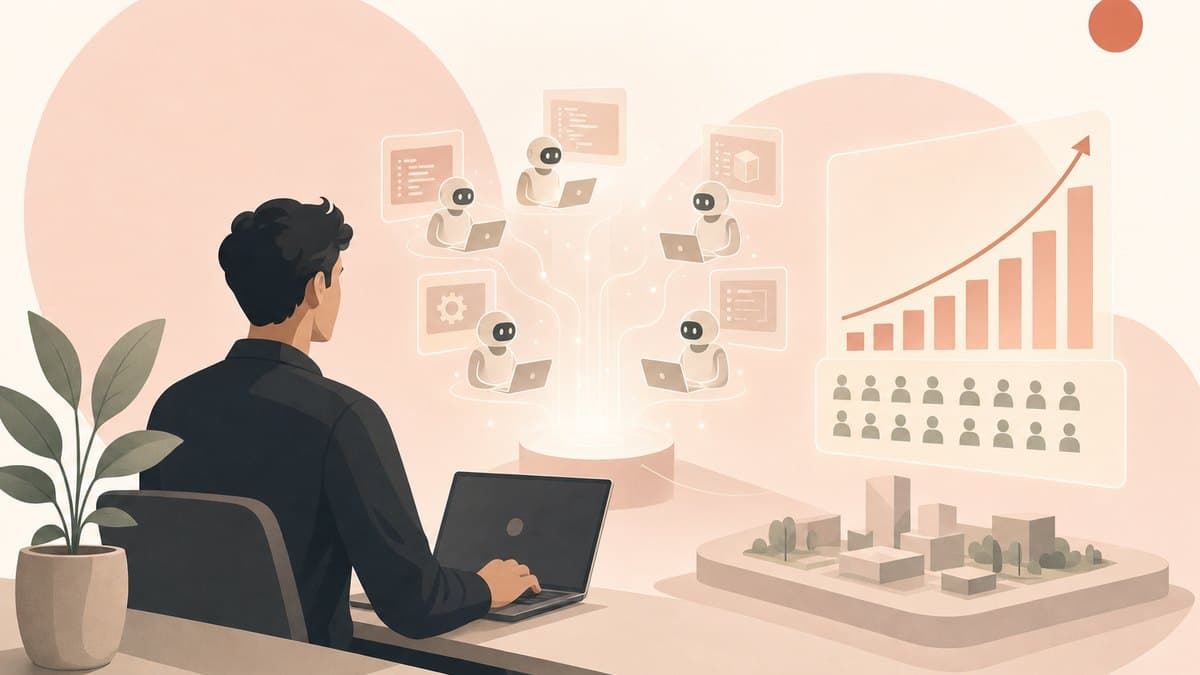 A single founder at a laptop directing many AI agents that together produce the output of a large engineering team