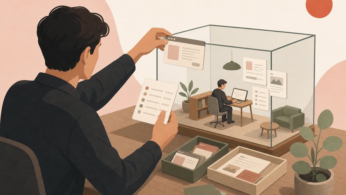A founder assembling a miniature simulated office inside a glass training box, placing app windows, documents, and a scoring rubric card while a small agent figure practices a task inside