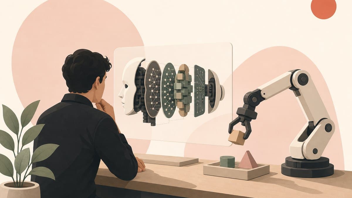 A founder inspecting the internal layers of a robot foundation model while a robot arm holds a task mid-motion