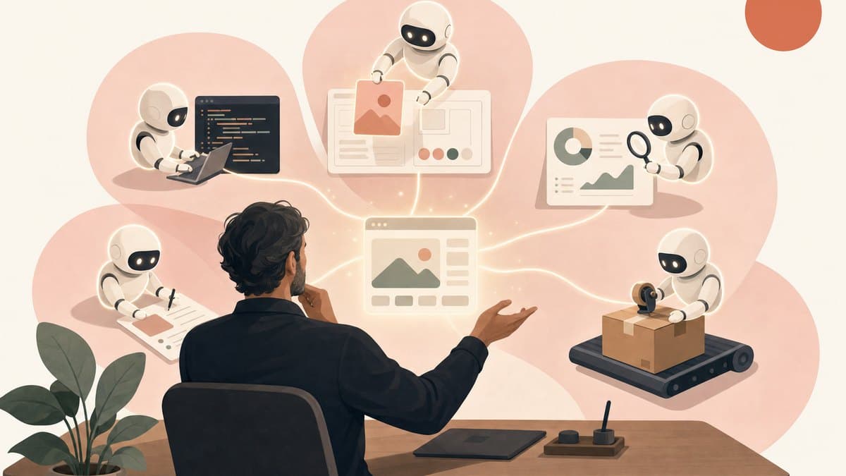 A single experienced founder at a desk directing a team of AI agents that build, market, and ship alongside them