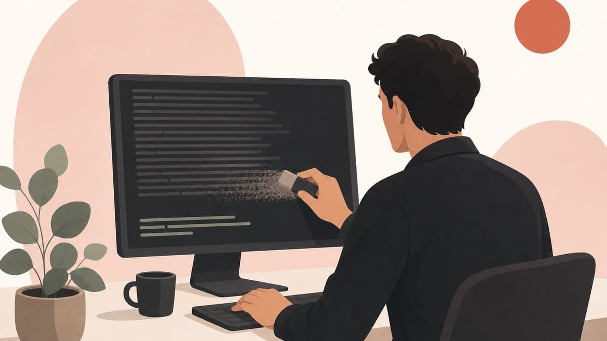 A founder at a terminal deleting most of a long system prompt and keeping only a few lines