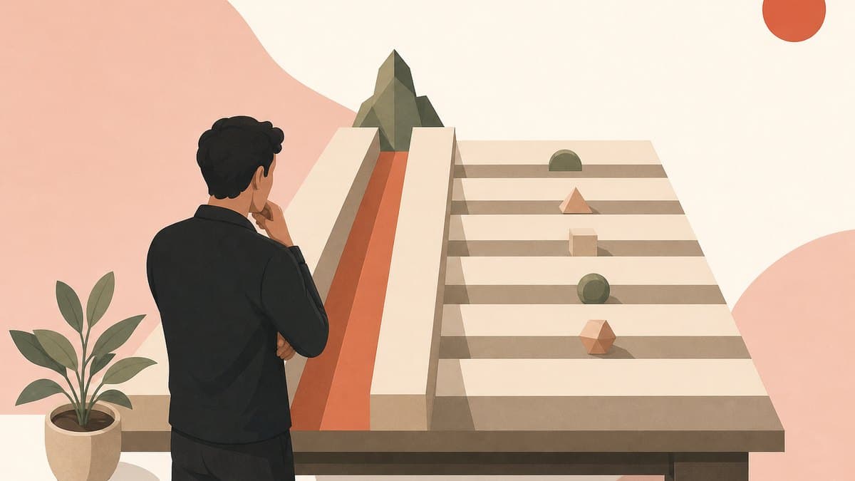 A founder at a workbench studying one deep channel cut through a single industry workflow next to a row of shallow horizontal lanes