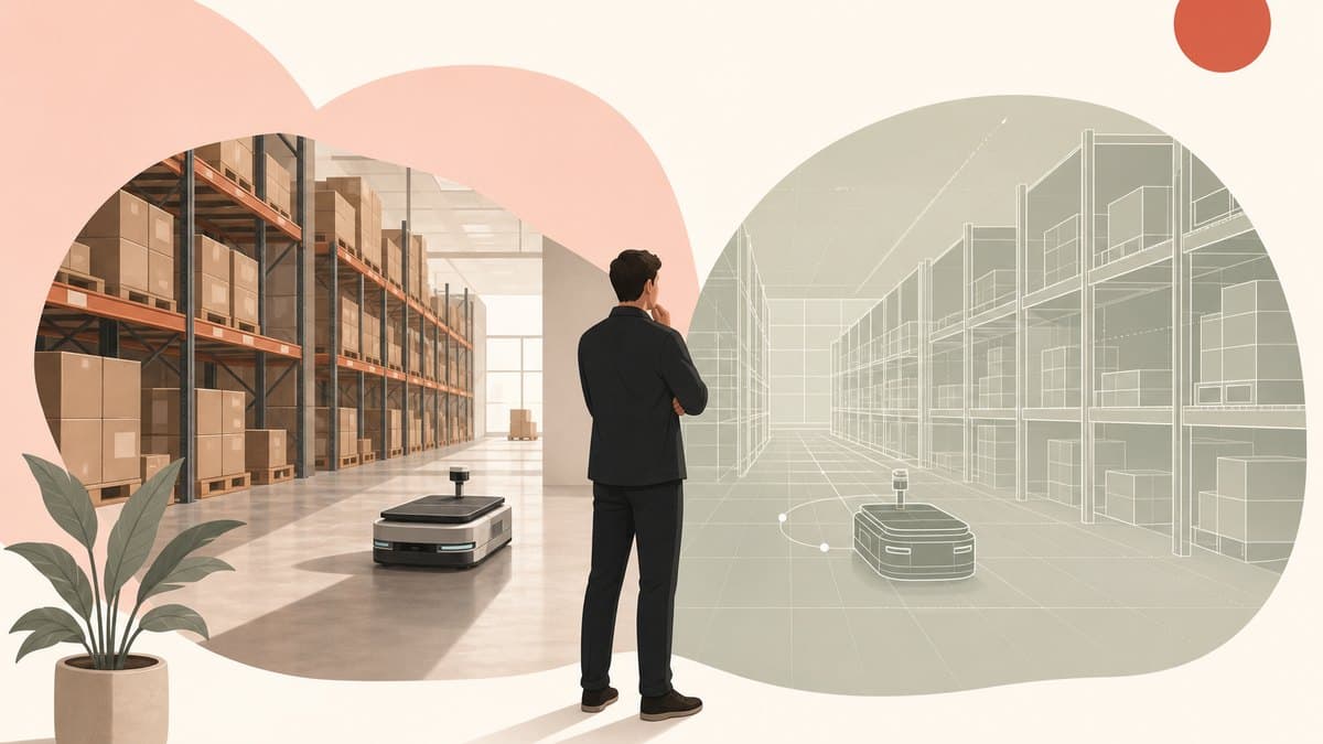 A founder standing between a real warehouse aisle and its digital twin, deciding which one to test the robot in