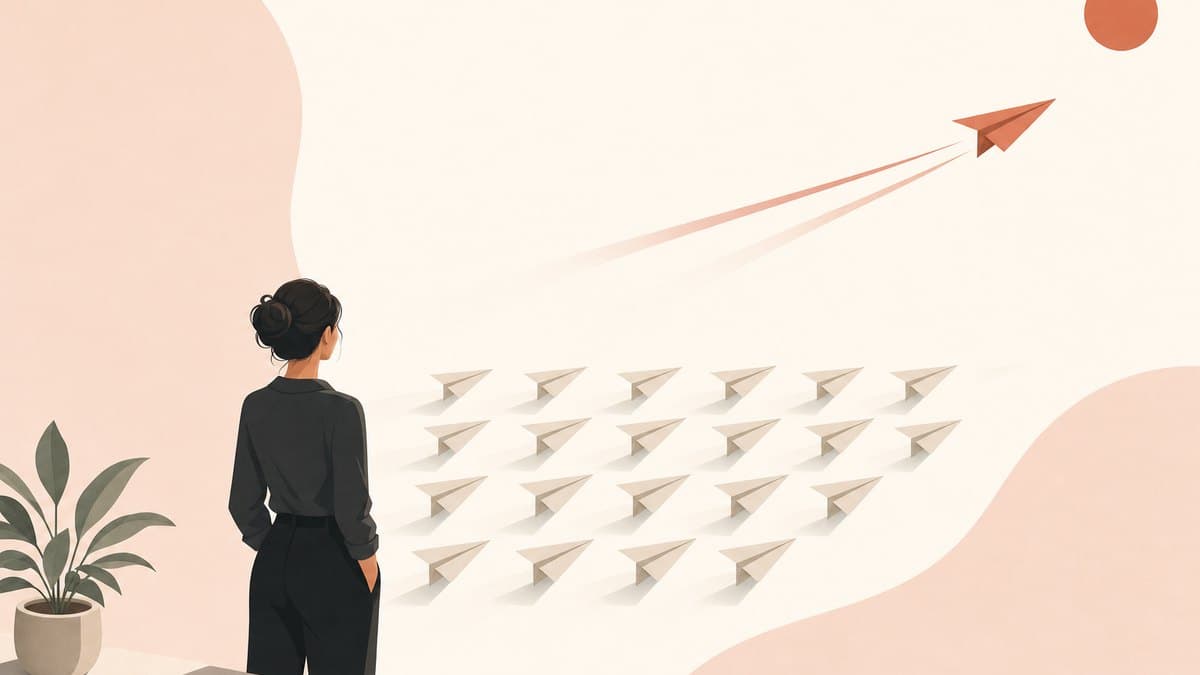 Editorial illustration of a paper airplane racing ahead of a tidy grid of slower planes, evoking speed chosen over efficiency.