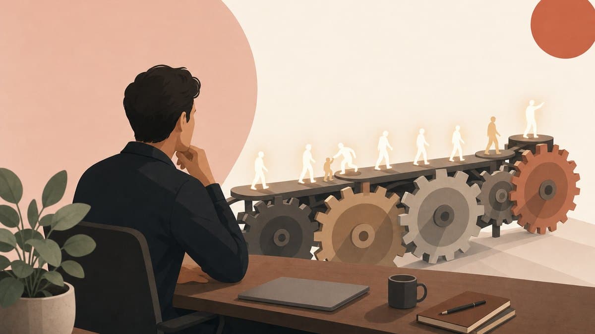 Editorial illustration of a founder overseeing a smooth production line of small figures and interlocking gears, evoking management as measurable output.