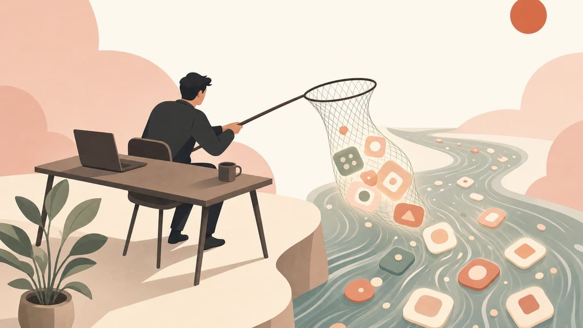 Editorial illustration of a founder casting a net into a fast glowing stream of small product shapes, warm minimalist style.