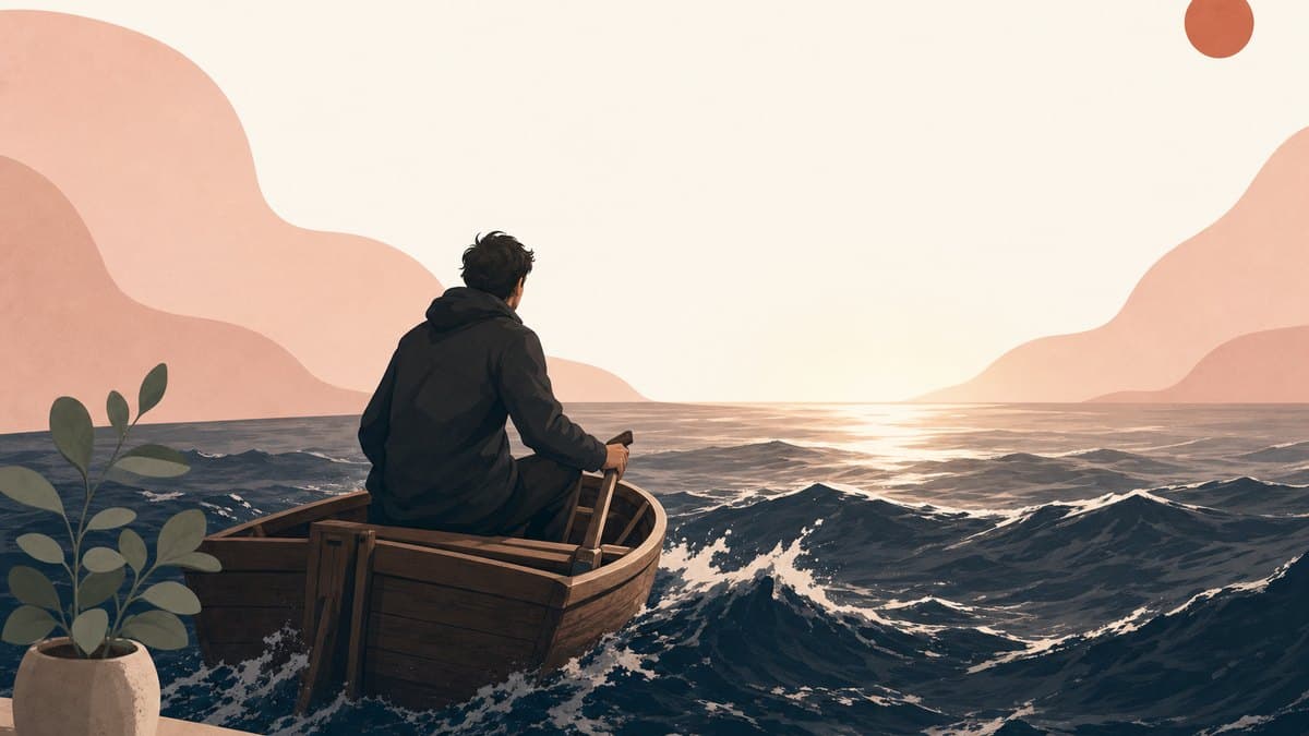 Illustration of a founder steering a small wooden boat through dark, choppy water toward a band of calm light on the horizon.