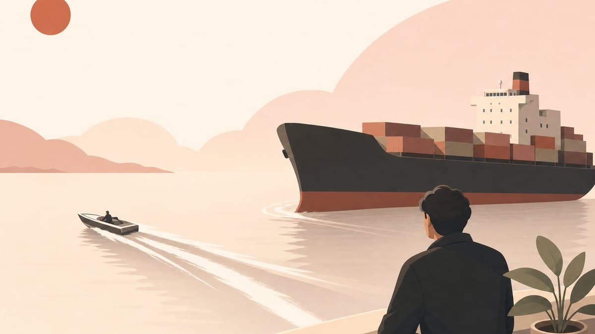 Editorial illustration of a small fast boat slipping past a giant slow cargo ship that is turning too late, evoking a startup disrupting an incumbent.