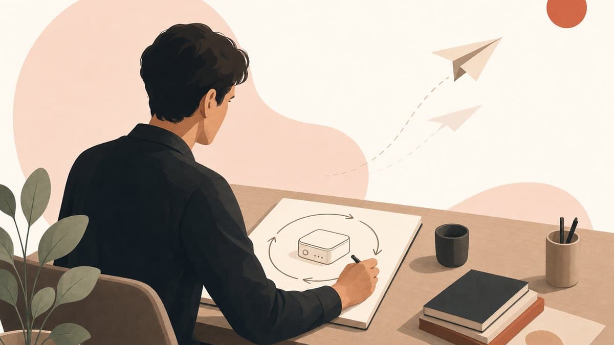 Illustration of a founder at a desk cycling an idea through a build, measure, and learn loop beside a small prototype.
