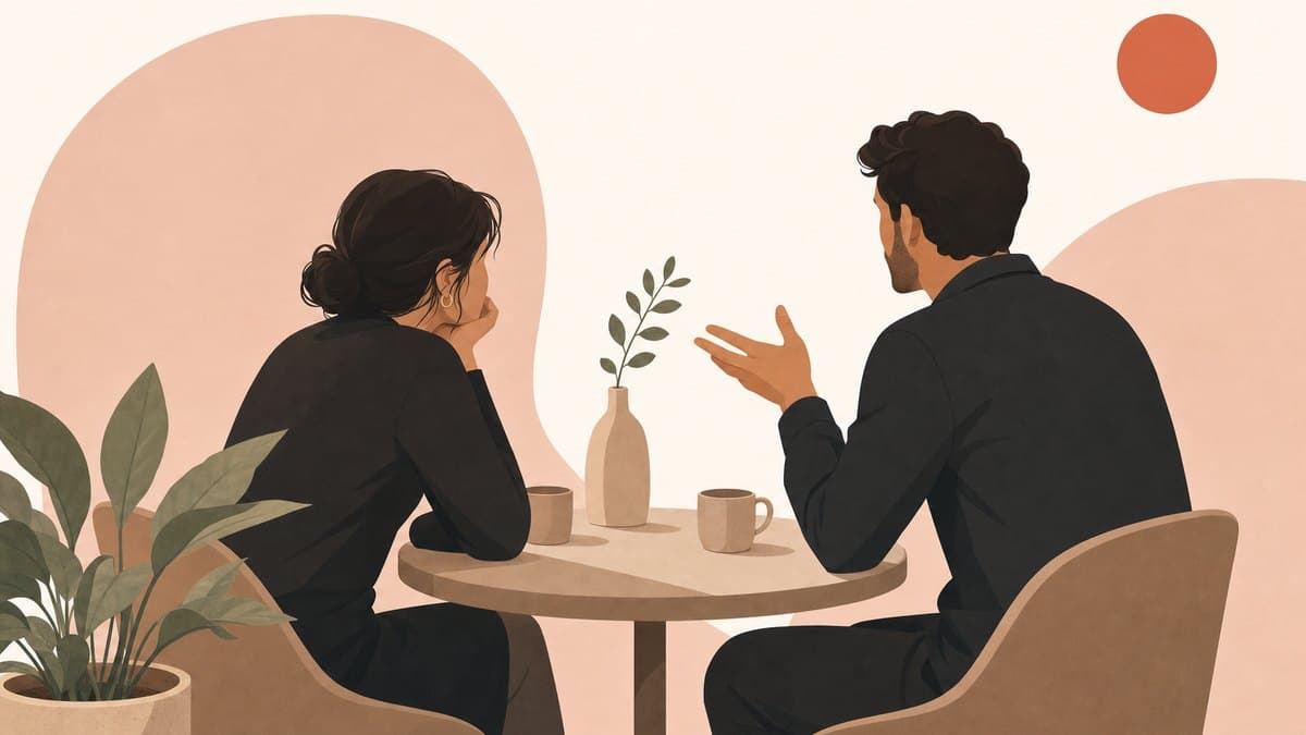 Editorial illustration of two founders in conversation at a small cafe table, one leaning in to listen as the other describes a real problem.