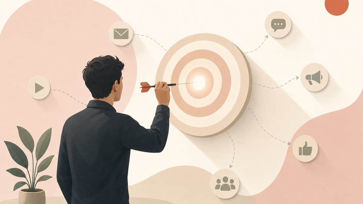 A founder aiming a single dart at the center of a concentric-ring target while faint sketches of other marketing channels fade around the edges
