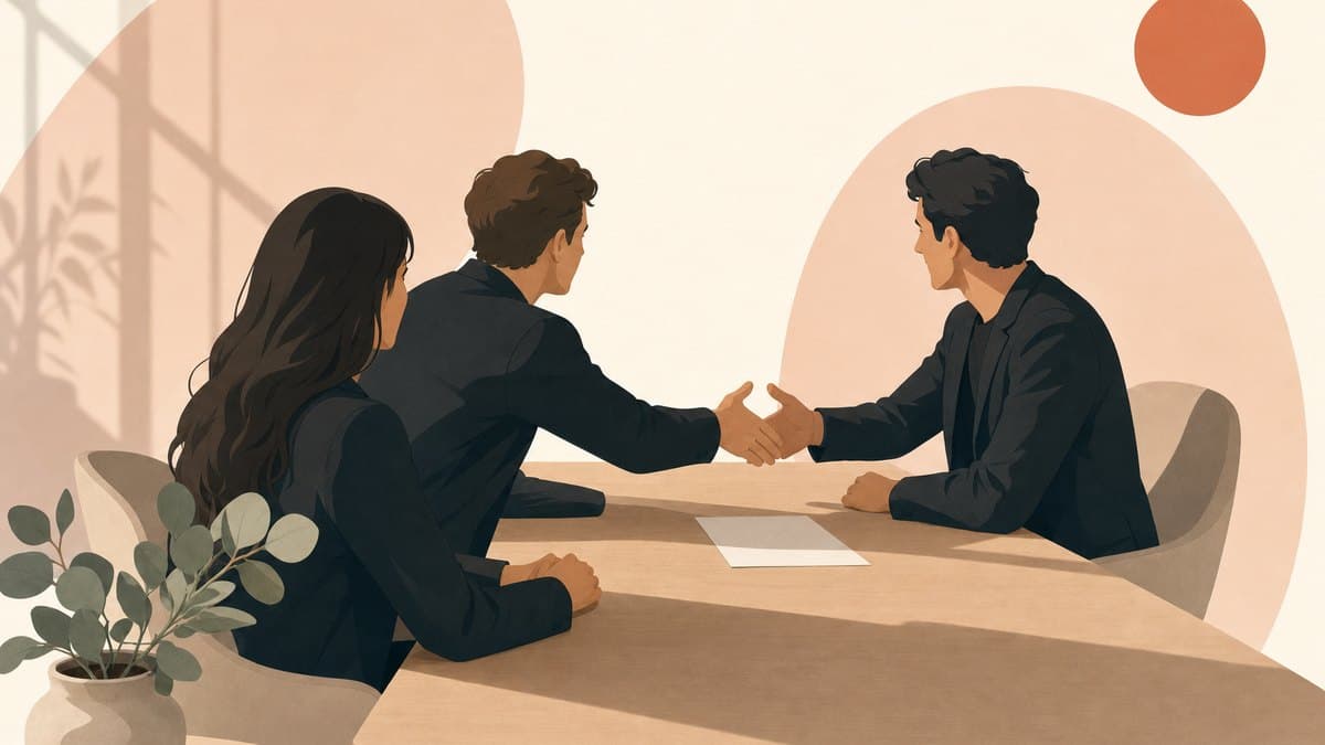 Editorial illustration of a founder and a venture investor negotiating across a clean table over a single term sheet, warm minimalist style.