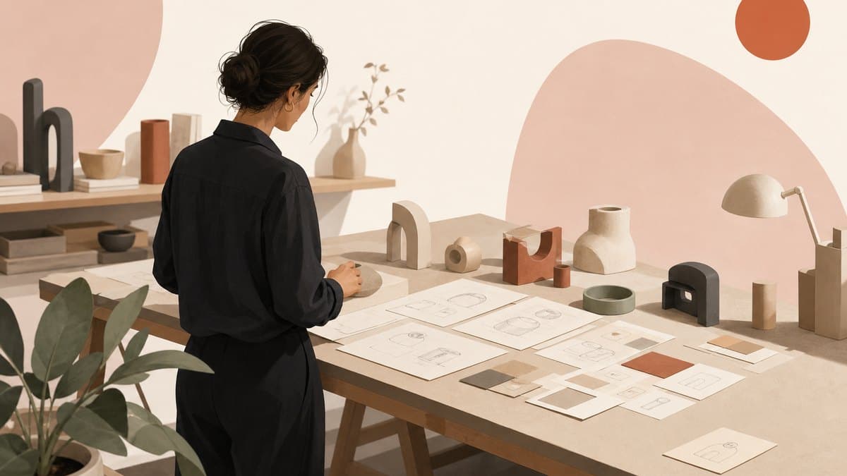A designer at a long workbench in a bright studio, covered with clay prototypes and pencil sketches laid out in rows
