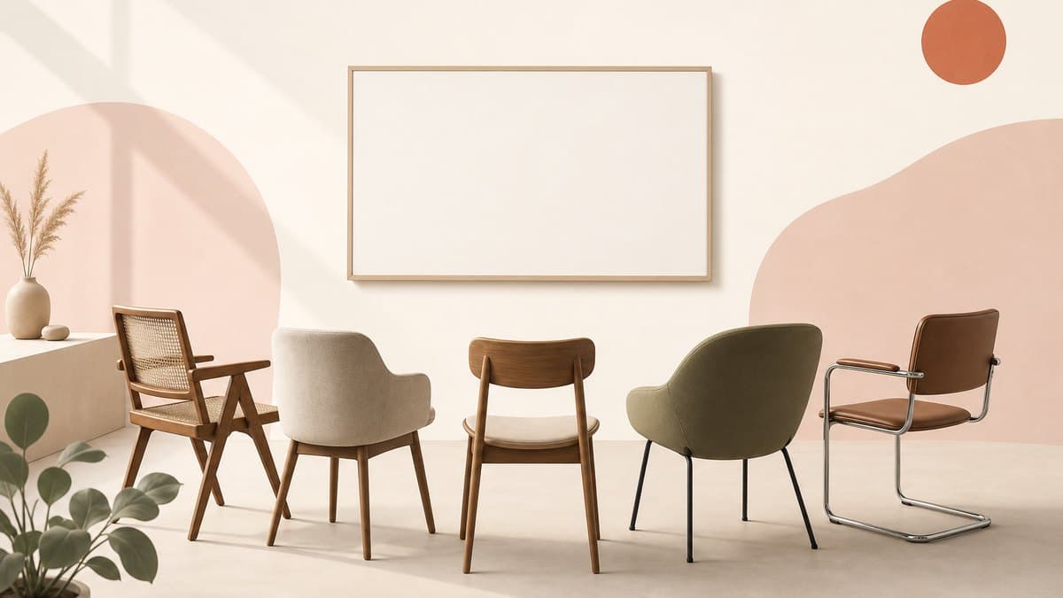 Five different chairs arranged in a semicircle facing a blank whiteboard in a bright studio