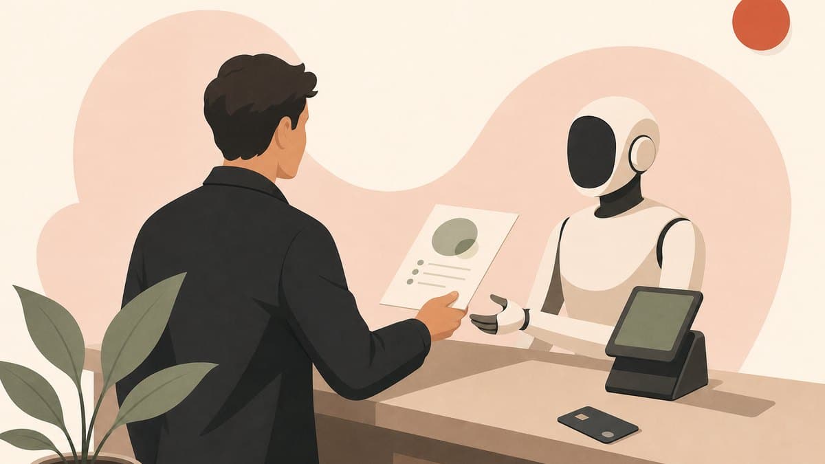 A founder handing a scoped spending mandate to an AI agent at a payment terminal while a credit card sits unused