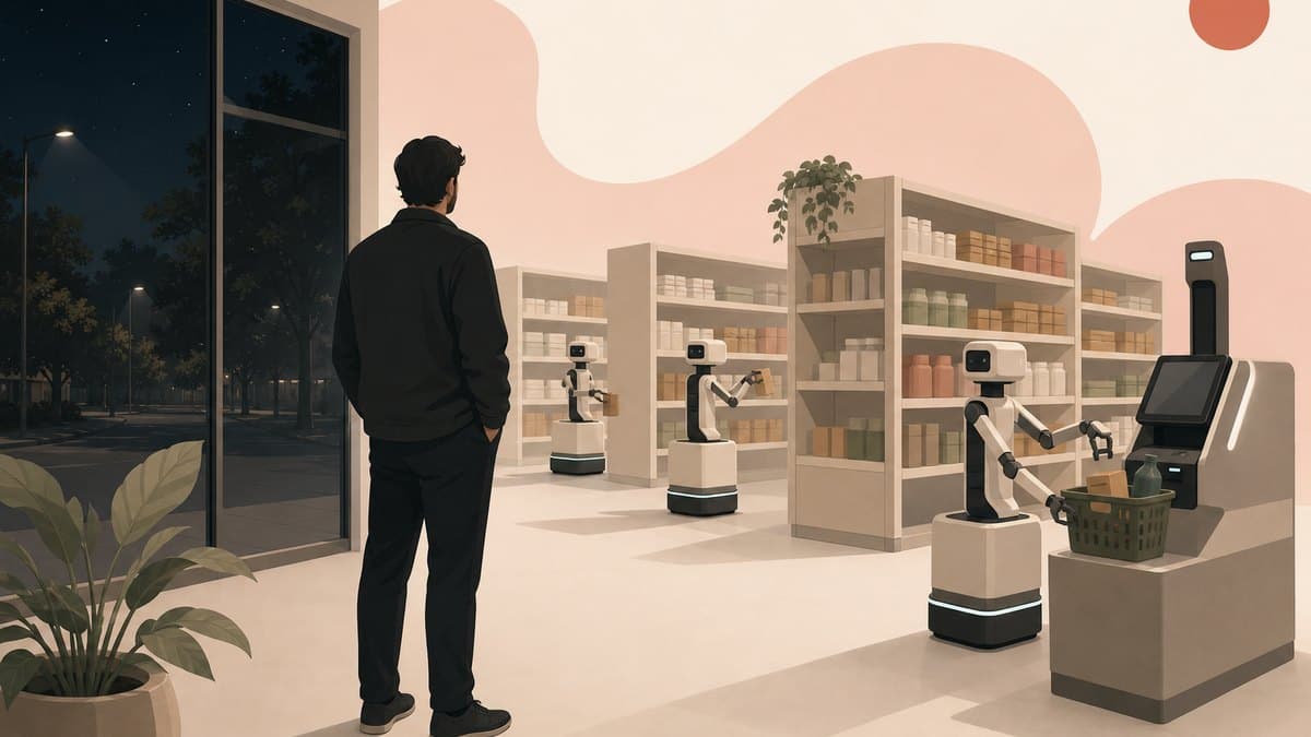 A founder watching a row of machines pull products off a shelf and pay at a counter with no other people in the room