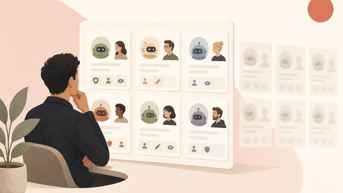 A founder reviewing a catalog of the AI agents running inside a company, each entry showing its owner and permissions