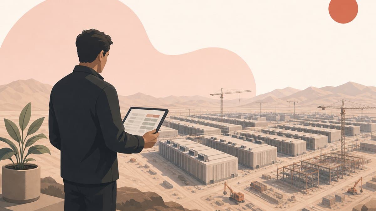 A founder reading a compute capacity queue while a gigawatt-scale data center buildout rises behind it