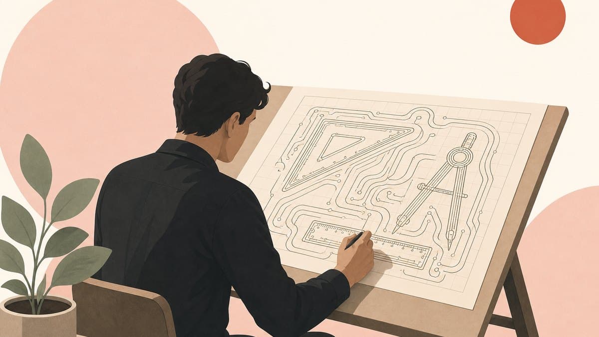 A founder at a drafting table drawing a circuit layout whose curved traces loop back to redraw the drafting tools themselves